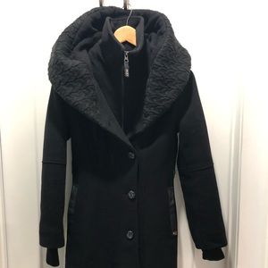 Wool winter coat. Very warm, no fur, city elegant, large hood.